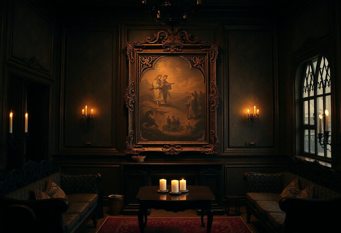 Elegant Gothic-inspired room featuring a large ornate framed painting, dark wood paneling, antique-style sofas, ambient candlelight, and a vintage table with glowing candles at the center.