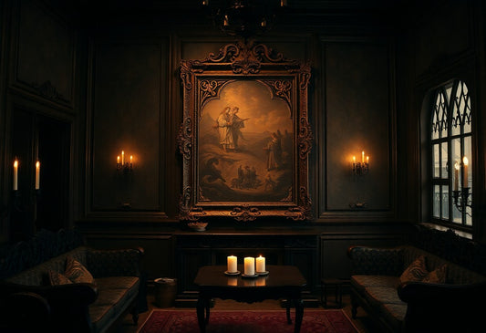 Elegant Gothic-inspired room featuring a large ornate framed painting, dark wood paneling, antique-style sofas, ambient candlelight, and a vintage table with glowing candles at the center.