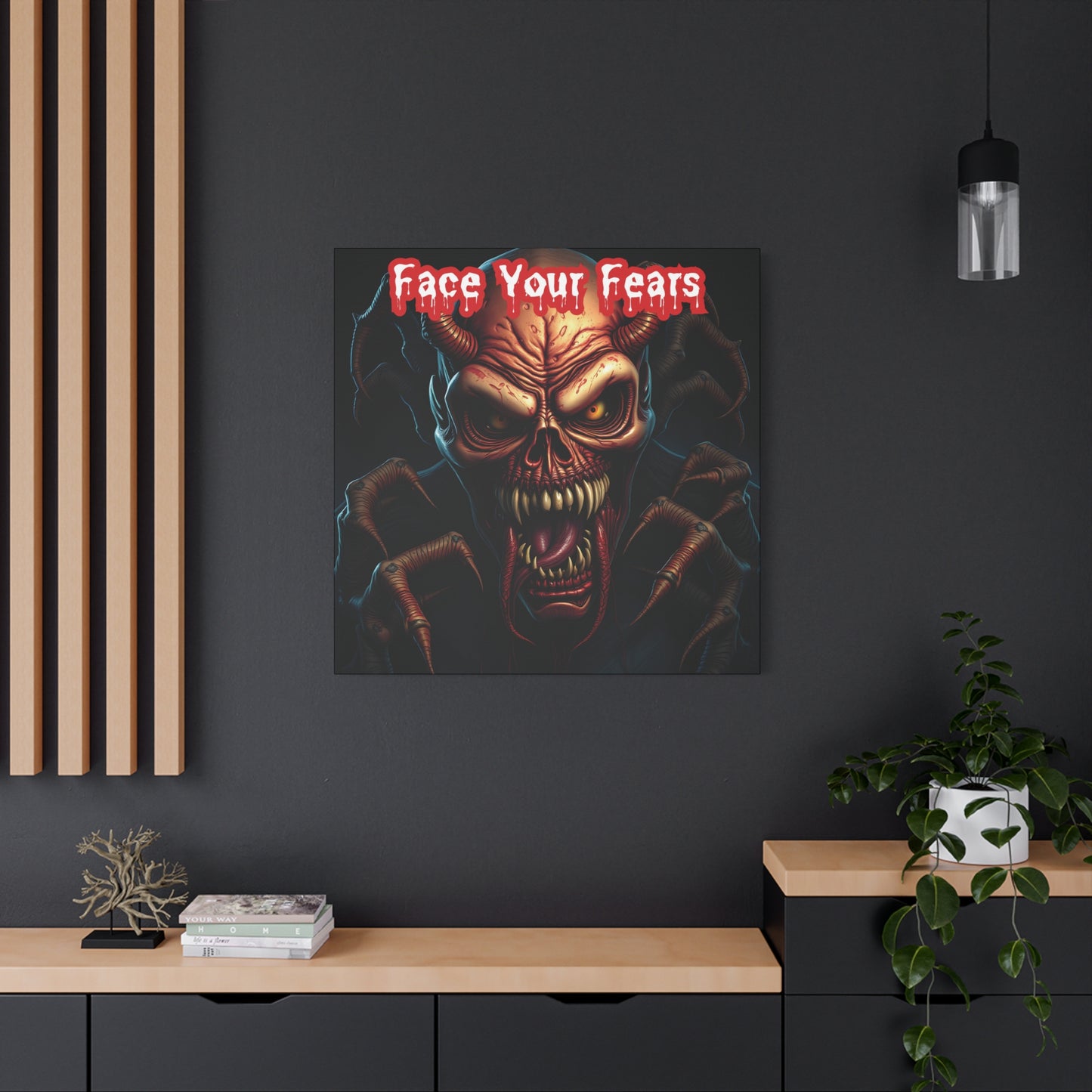 Face Your Fears | 36x36 Gothic Canvas Wall Art with Mirror Sides and Bold Design