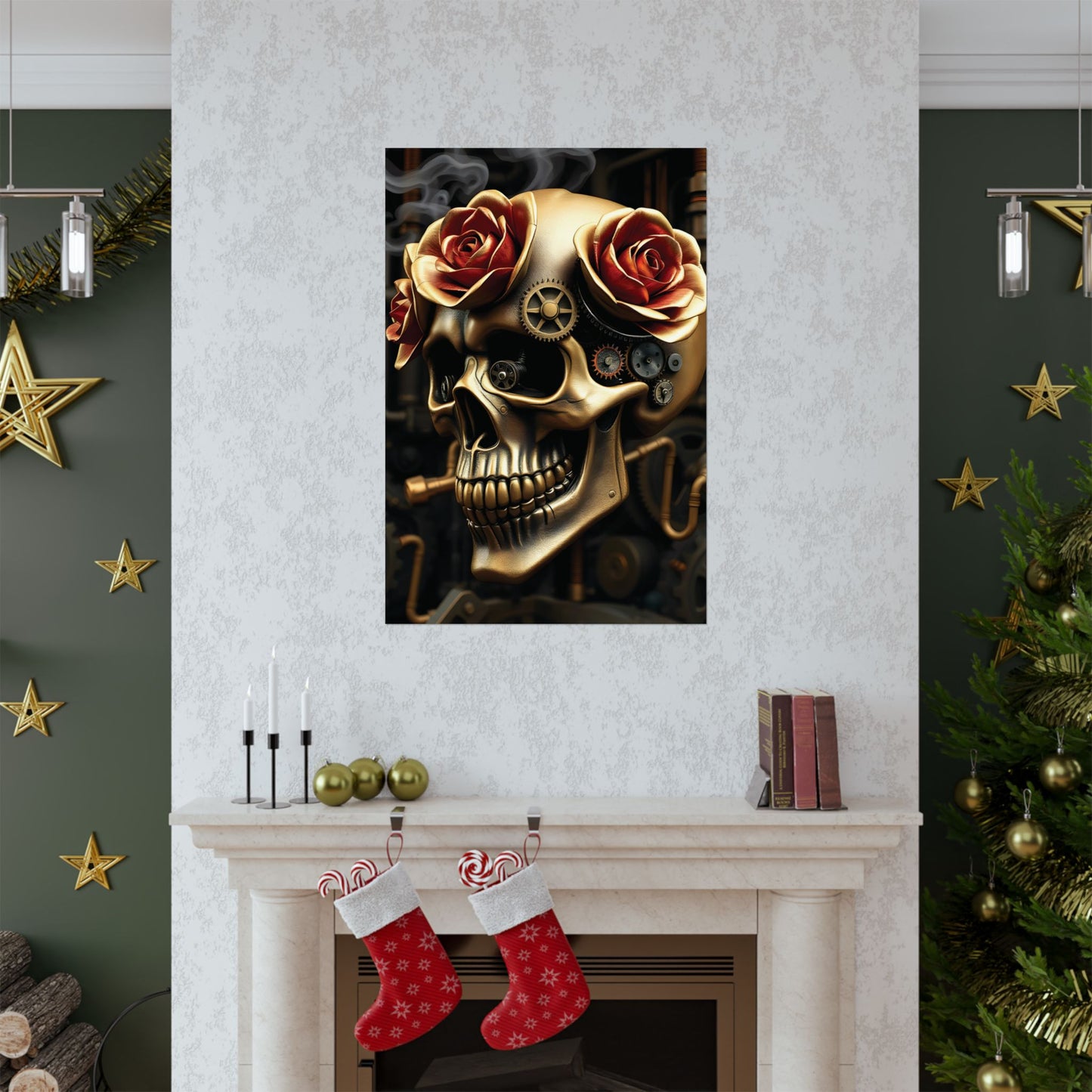 Steampunk Skull and Roses Poster Gothic Gears and Floral Elegance Matte Finish