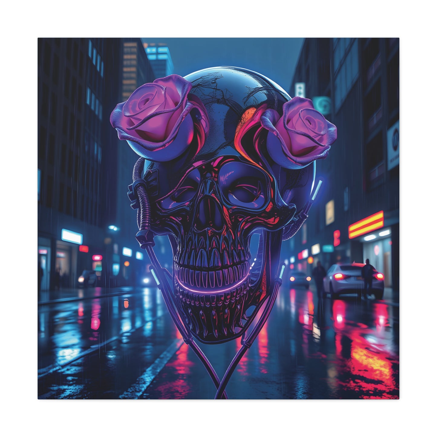 Neon Skull Gothic Canvas | 36x36 Matte Stretched Wall Art with Mirror Sides