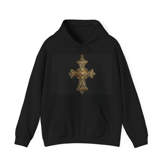 Gothic Ornate Gold Cross Hoodie – Medieval Elegance and Style