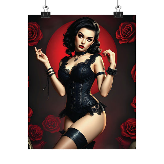 Classic Gothic Brunette Pin-Up Poster | Matte Art in Multiple Sizes