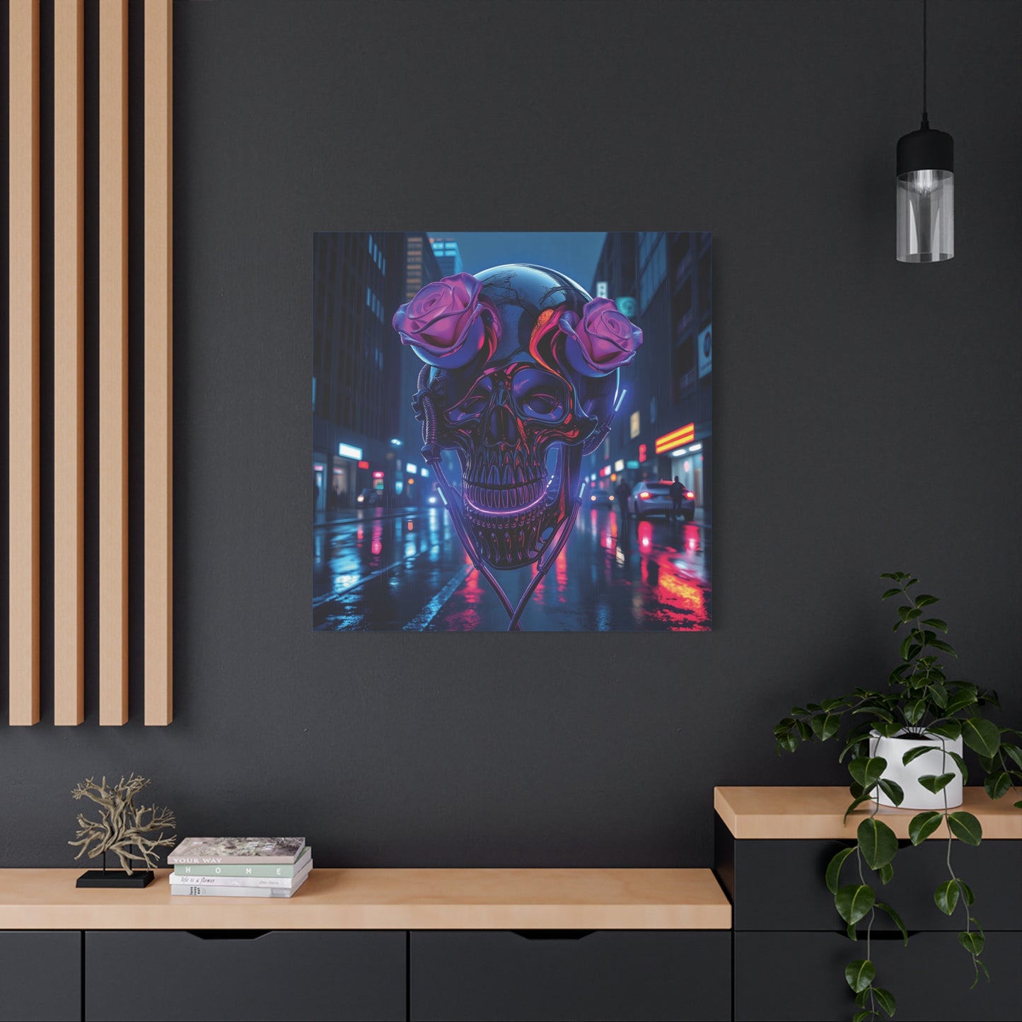 Neon Skull Gothic Canvas | 36x36 Matte Stretched Wall Art with Mirror Sides