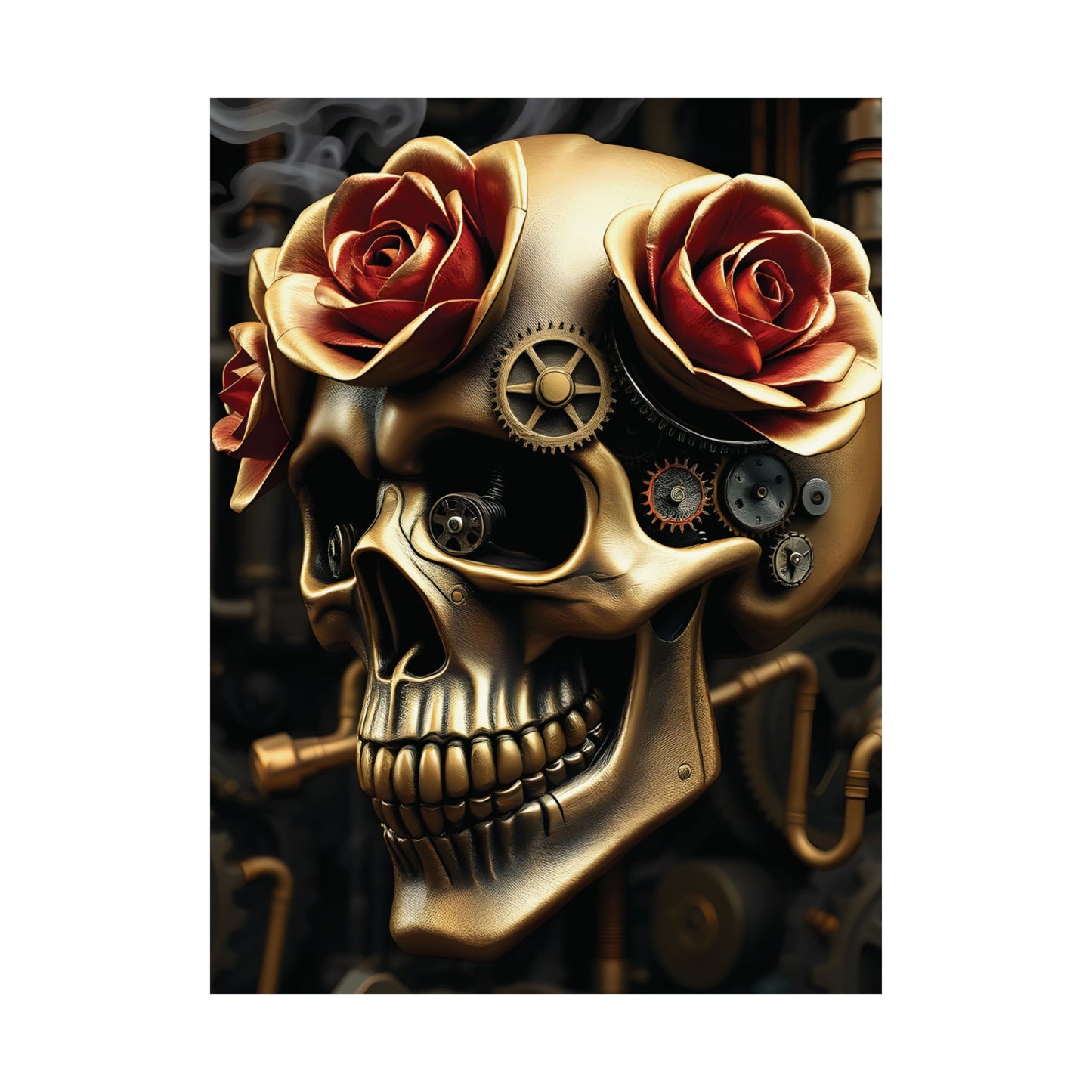 Steampunk Skull and Roses Poster Gothic Gears and Floral Elegance Matte Finish