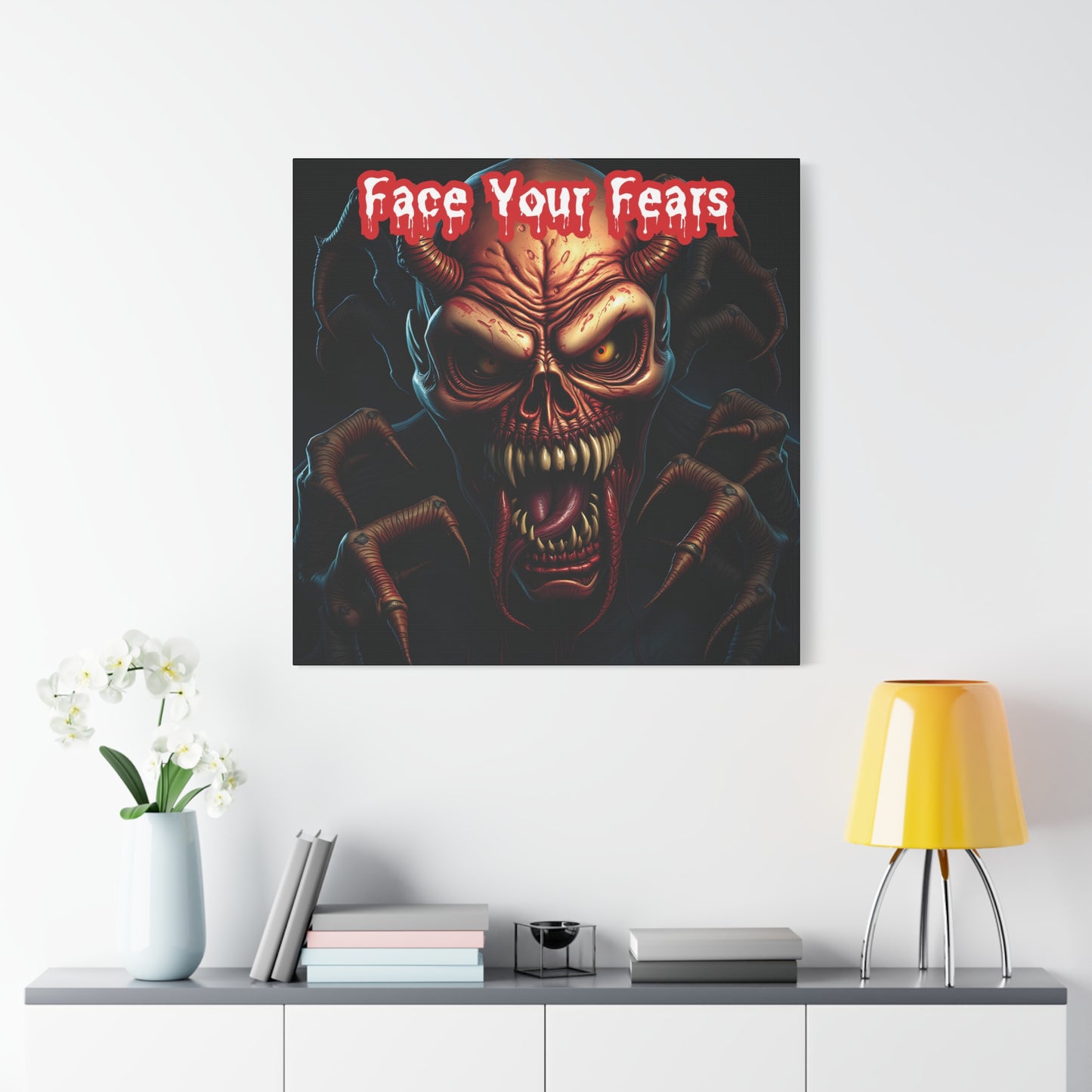 Face Your Fears | 36x36 Gothic Canvas Wall Art with Mirror Sides and Bold Design