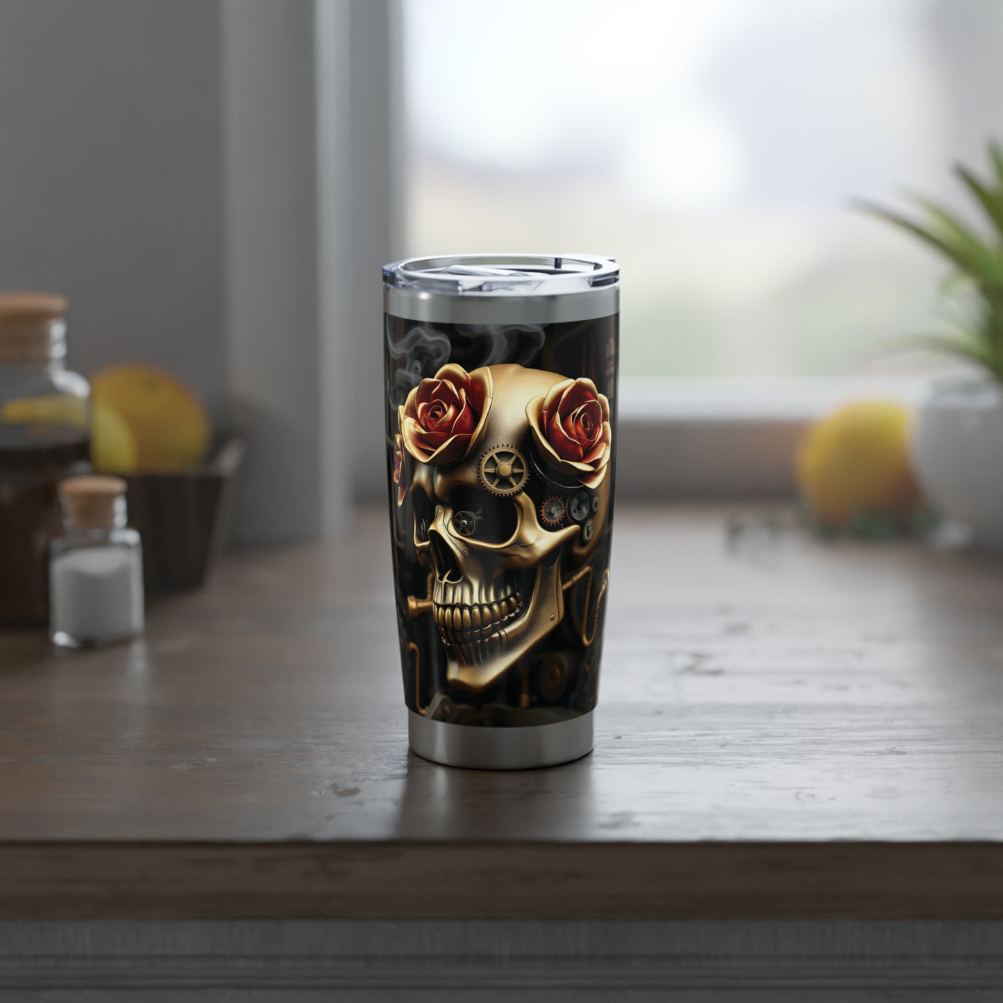 Steampunk Skull and Roses Tumbler 20 oz Stainless Steel Drinkware Gothic Style