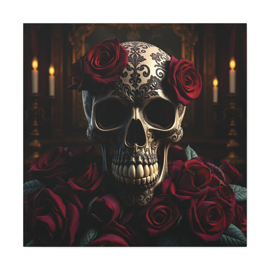 Gothic Skull & Roses | 36x36 Stretched Matte Canvas Wall Art with Mirror Sides