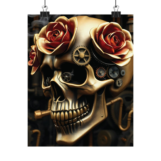 Steampunk Skull and Roses Poster Gothic Gears and Floral Elegance Matte Finish