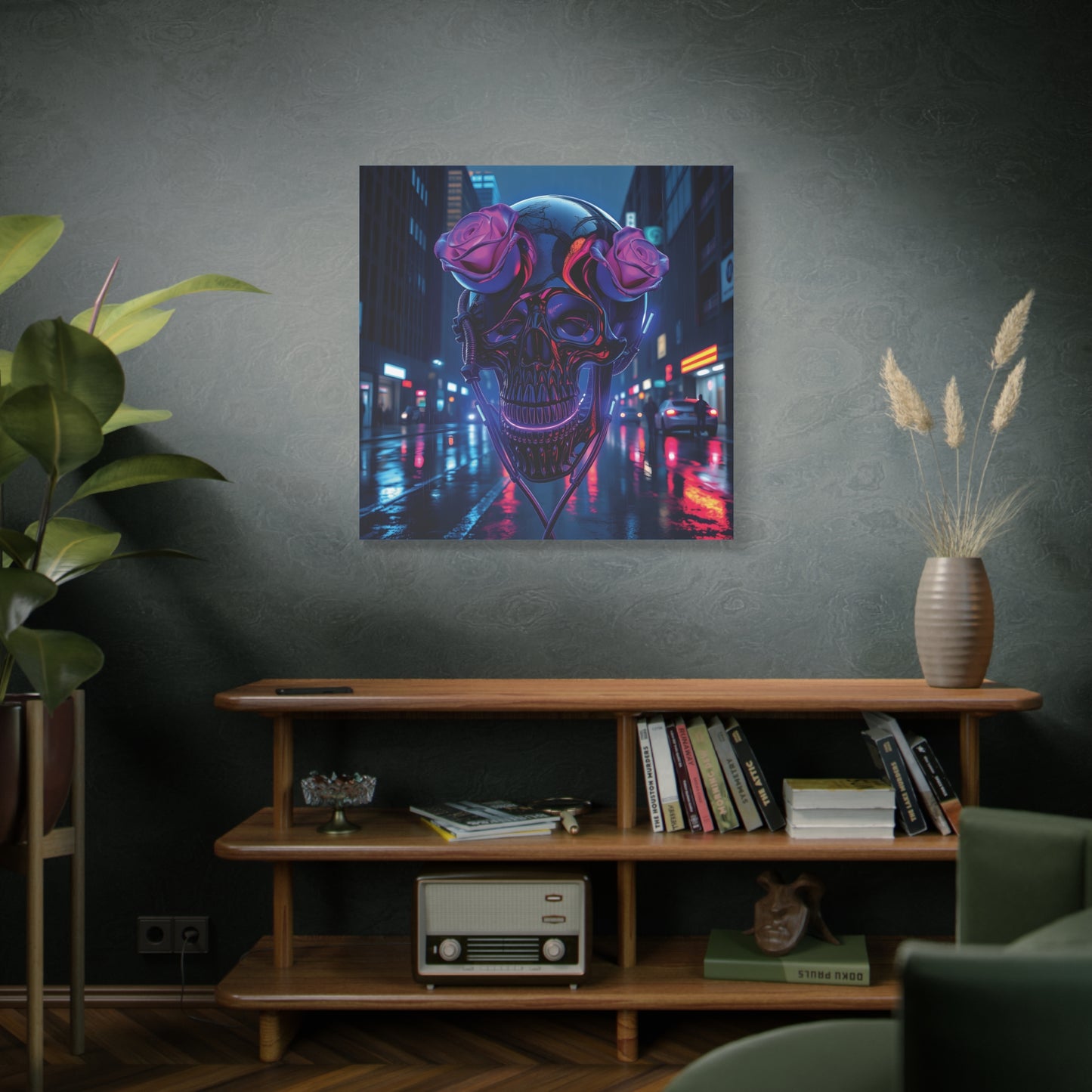 Neon Skull Gothic Canvas | 36x36 Matte Stretched Wall Art with Mirror Sides