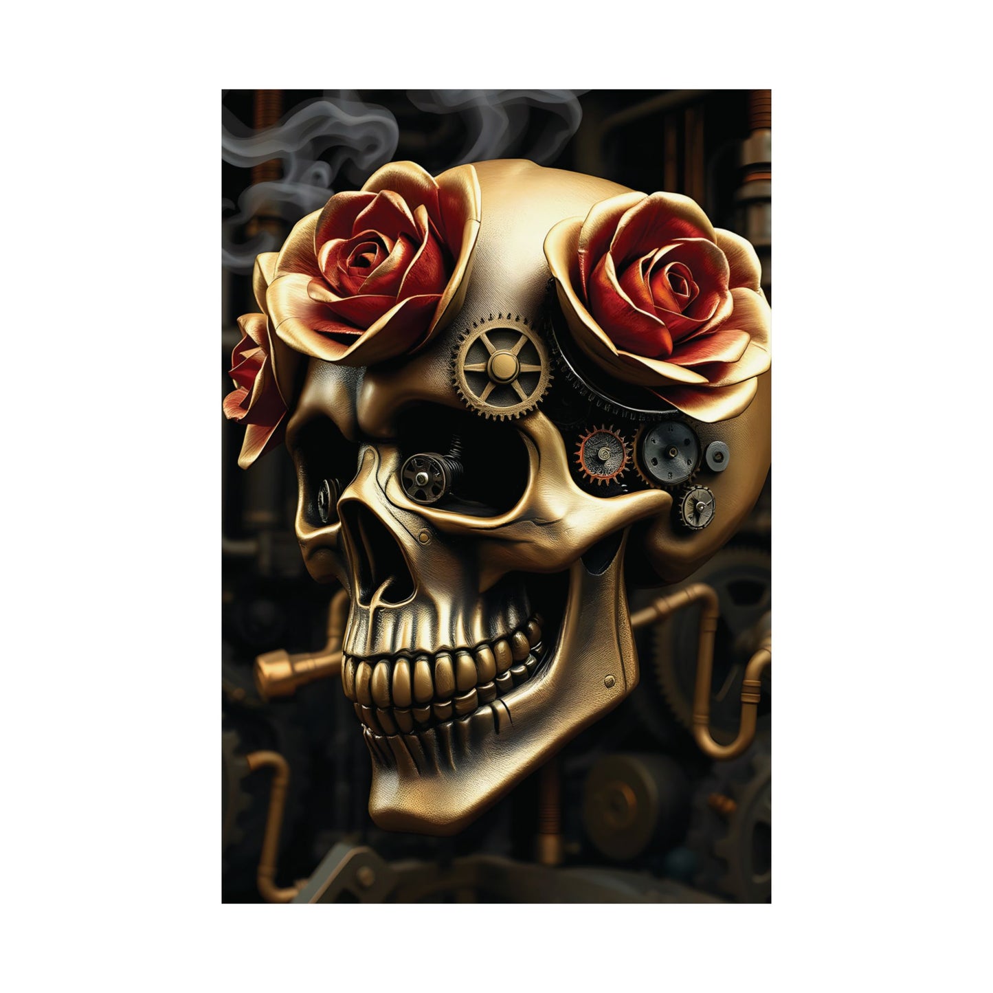 Steampunk Skull and Roses Poster Gothic Gears and Floral Elegance Matte Finish