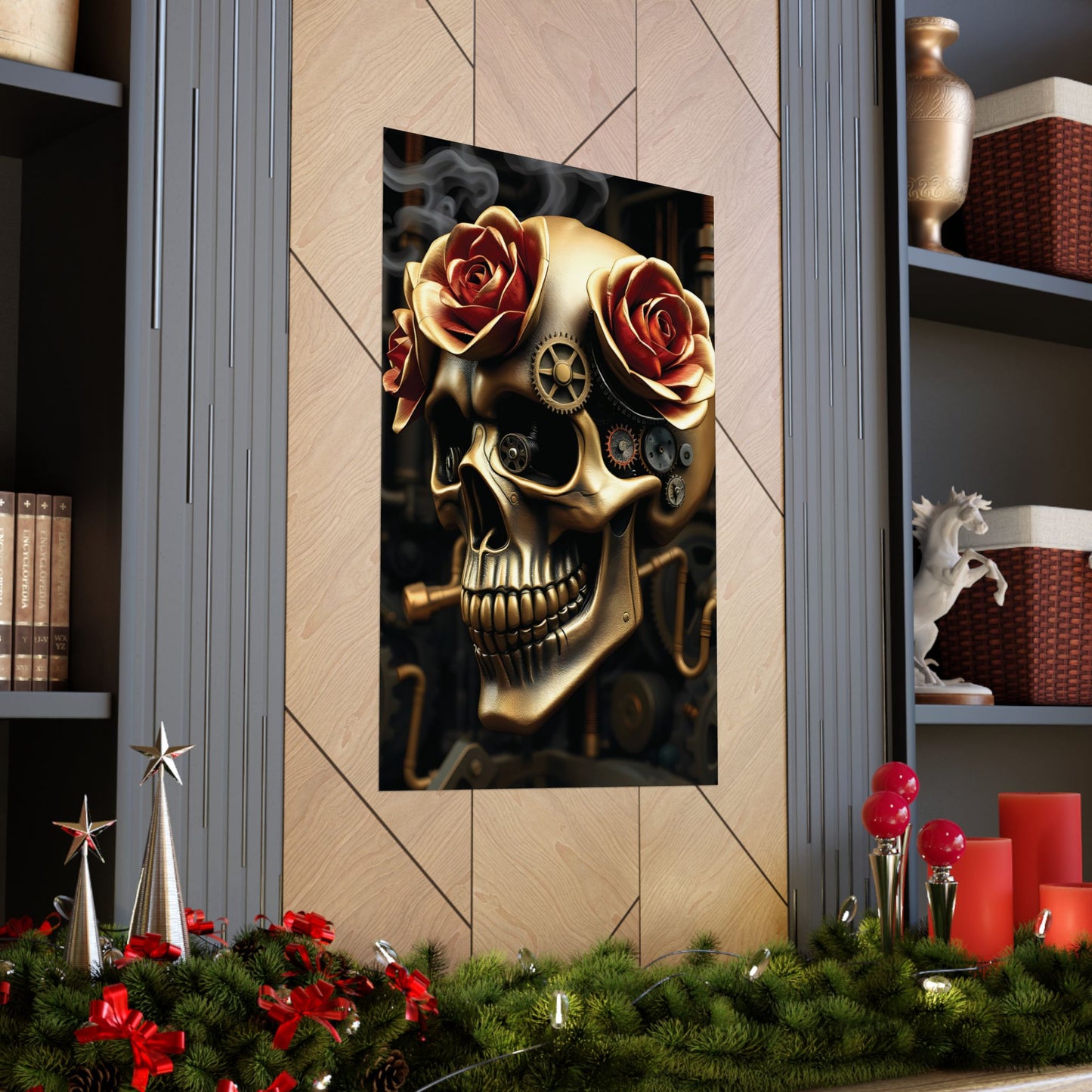 Steampunk Skull and Roses Poster Gothic Gears and Floral Elegance Matte Finish