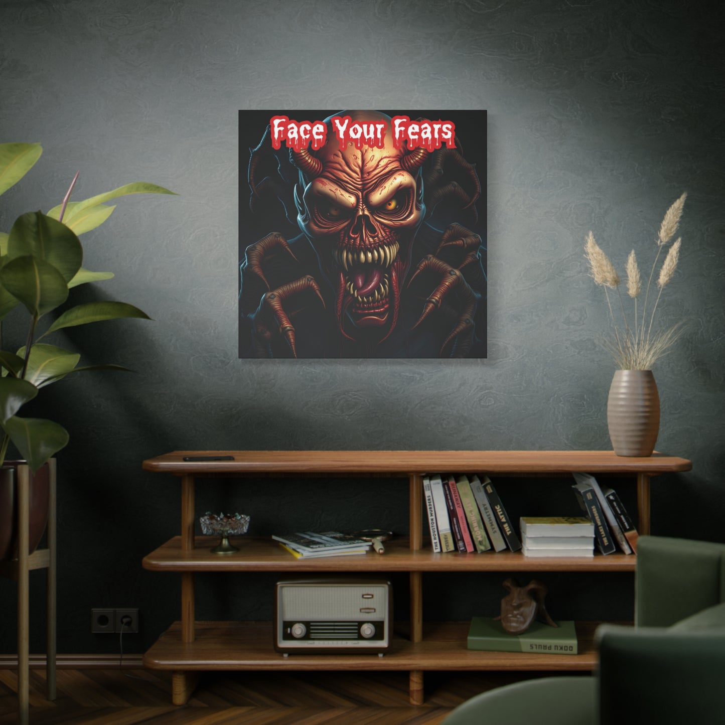 Face Your Fears | 36x36 Gothic Canvas Wall Art with Mirror Sides and Bold Design