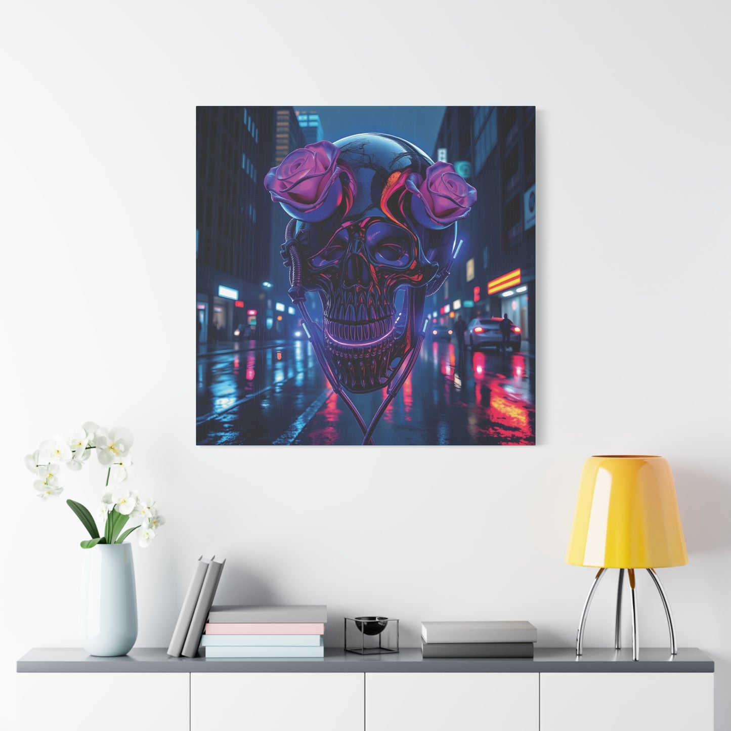 Neon Skull Gothic Canvas | 36x36 Matte Stretched Wall Art with Mirror Sides